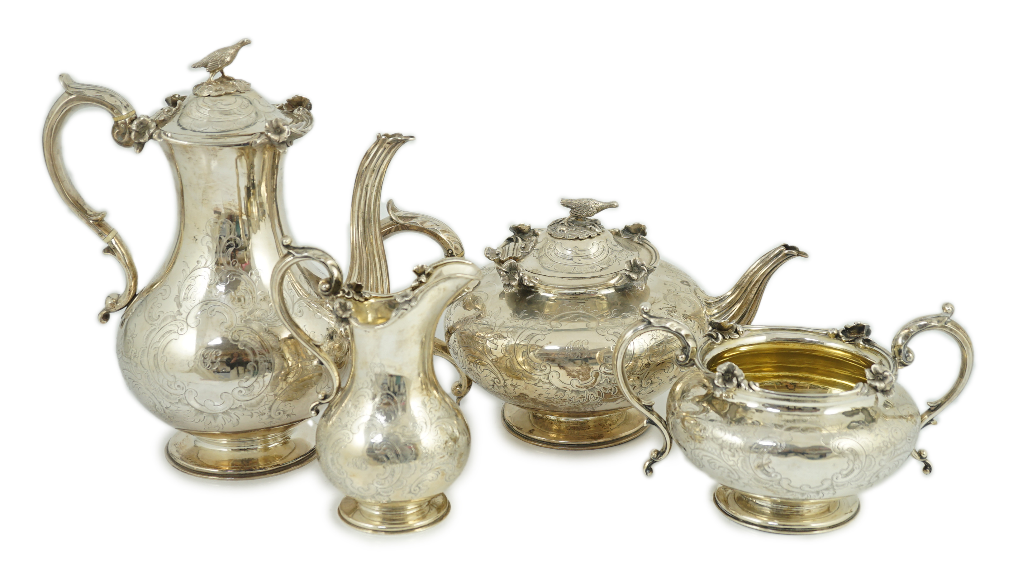 An early Victorian silver four piece tea and coffee service, by John & George Angell